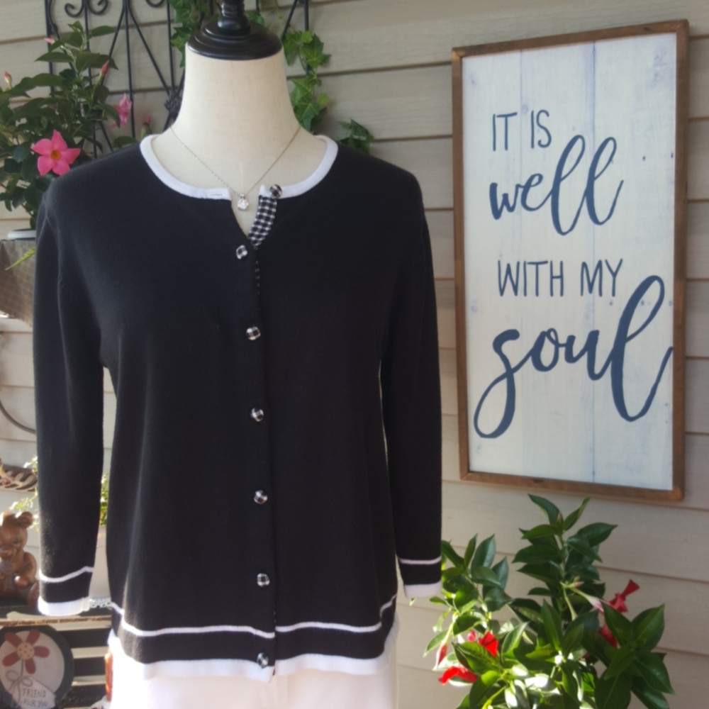 CHRISTOPHER & BANKS ♡ Sweet Vintage Black 'n White 3/4 Sweater w/Check Buttons S